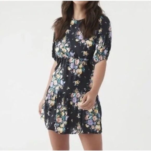 O'Neill Black Floral Alta Ruffle Hem Mini Dress Medium Puff-Sleeve New With Tags - Picture 1 of 3